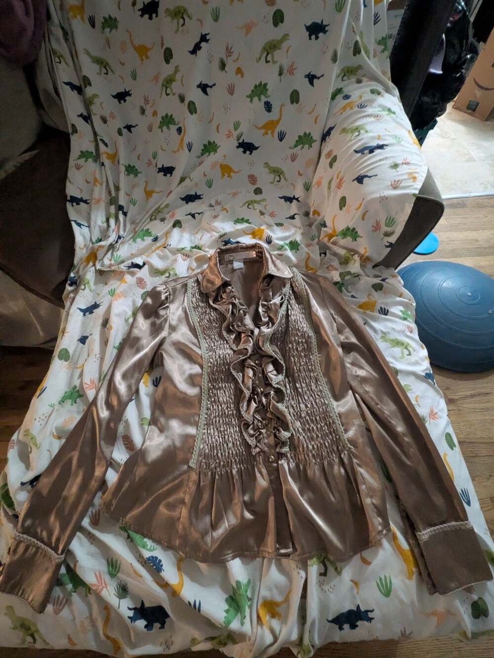 Zoompys Paris Women's Bronze Satin Ruffled Blouse with Rhinestone Buttons